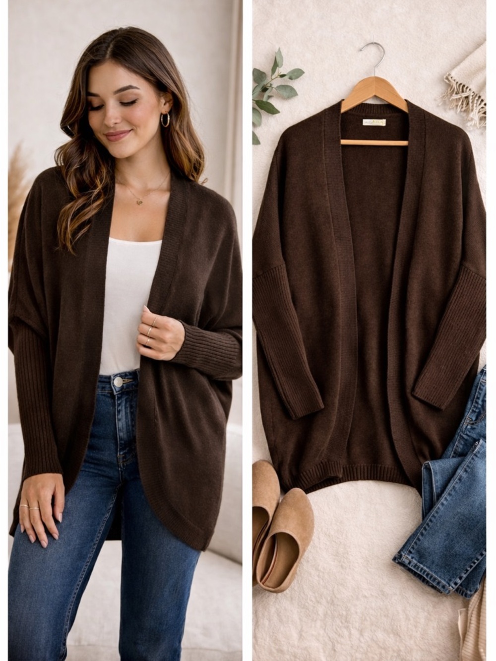 Echo Verde Organic Cotton Cashmere Open‎ Cardigan Oversized Cozy Dark Brown